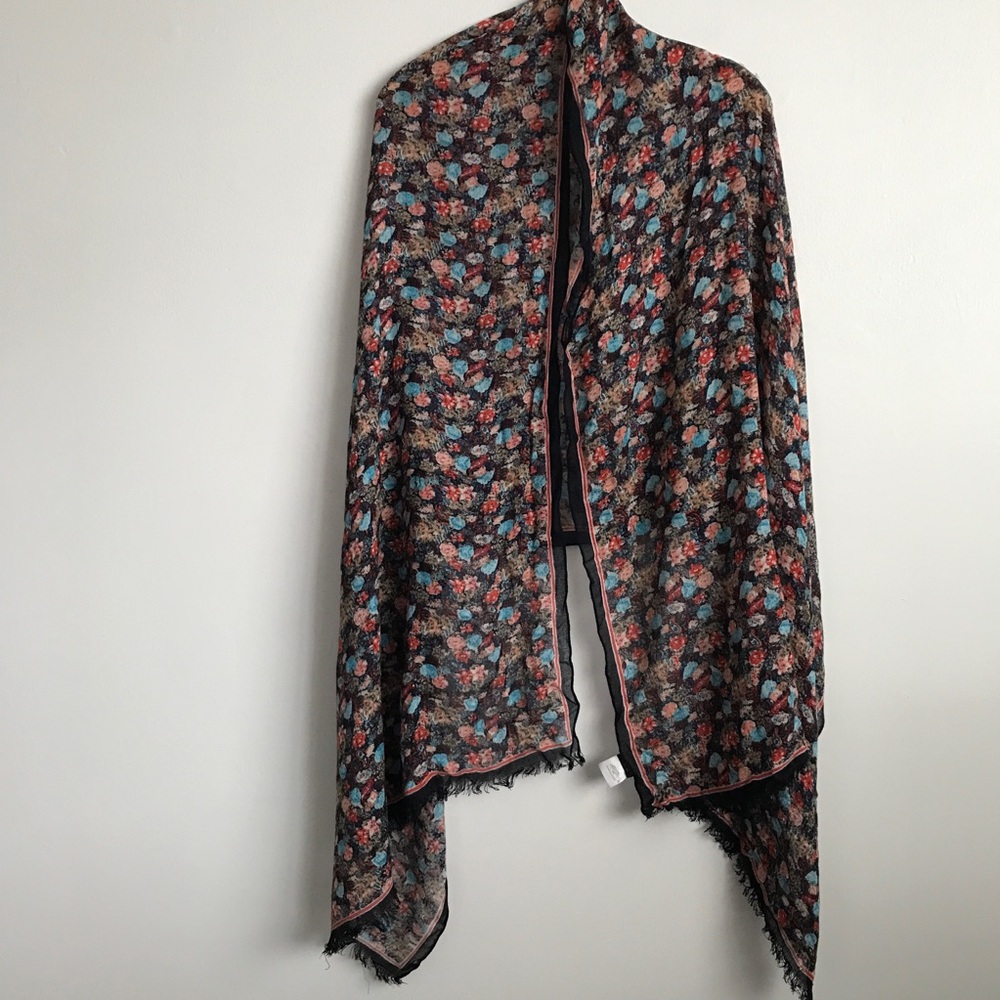 J CREW WOMENS SCARF WOOL BLEND BLUE RED FLORAL SQUARE 30x76”